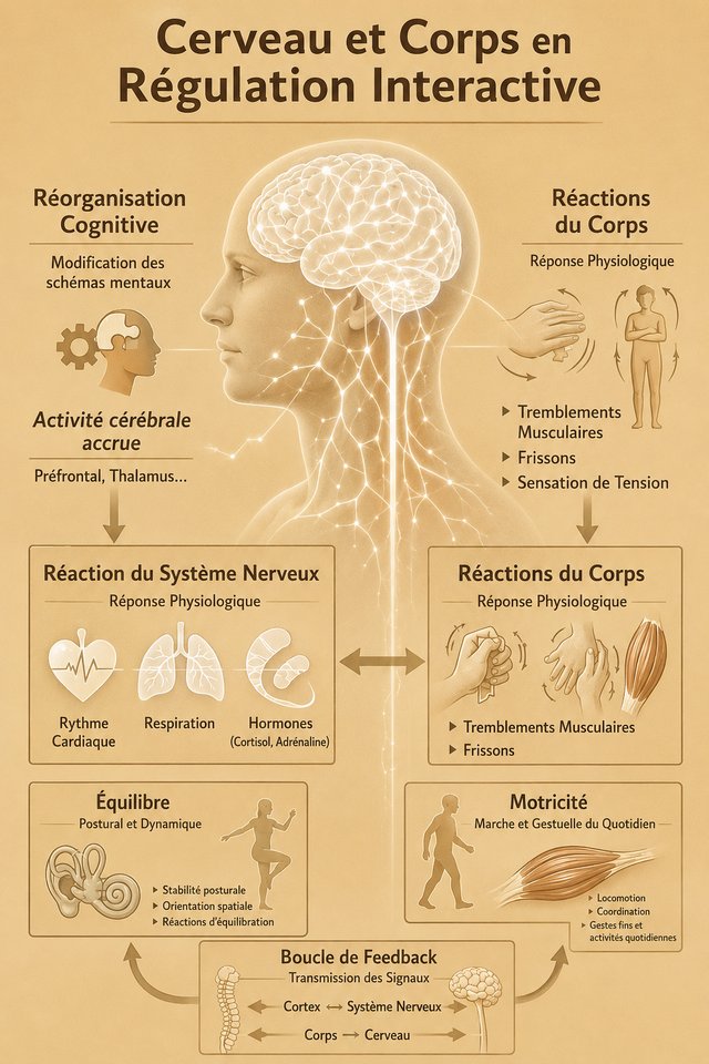 Schéma des interactions entre le cerveau et l'organisme : rythme cardiaque, respiration, hormones, équilibre postural et motricité