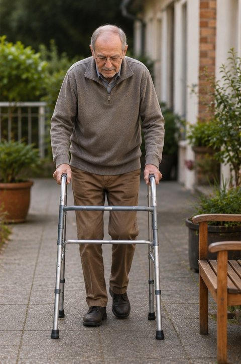 Homme de 80 ans marchant avec un déambulateur